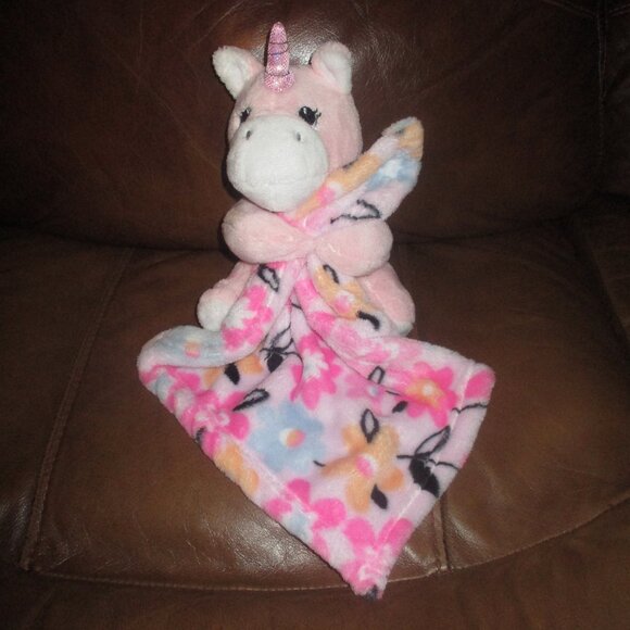 Little Beginnings Unicorn Lovey Security Blanket Pink flowers - Picture 1 of 3